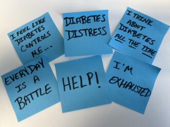 Blue sticky notes display handwritten phrases expressing emotional distress about living with diabetes. Messages include: “I feel like diabetes controls me...,” “Diabetes distress,” “I think about diabetes all the time,” “Every day is a battle,” “Help!,” and “I’m exhausted.”
