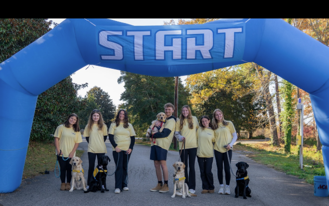 Participants walking dogs during the Canine Companions 5K Wag and Walk at the South Carolina Botanical Garden.