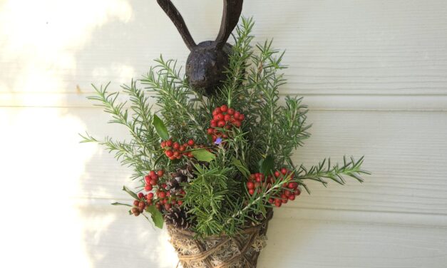 “Finished rosemary holiday basket displayed on a wall.”