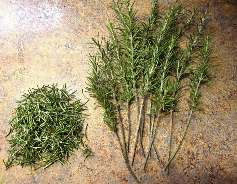 “Rosemary with lower leaves removed beside a pile of rosemary leaves.”