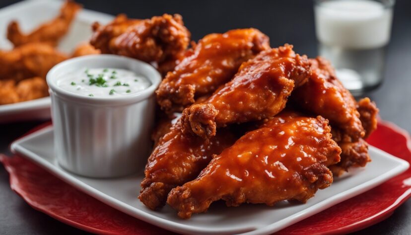 Buffalo-style chicken wings coated in hot sauce served with a cup of ranch dressing.