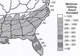 “Map showing average chill hours across the southeastern United States.”