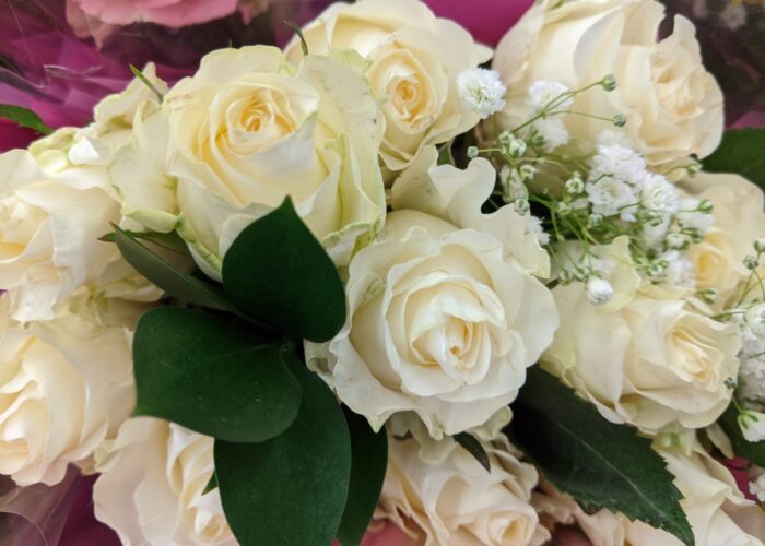 “A simple, elegant bridal bouquet made of white roses accented with delicate baby’s breath, tied together in a soft, romantic style.”
