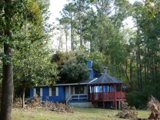 Large mature trees growing close to a home, demonstrating potential hurricane risk from trees within striking distance of structures.