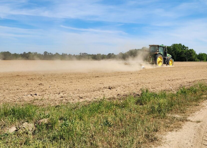 Dry, dusty soil conditions in a prepared agricultural field during drought in South Carolina