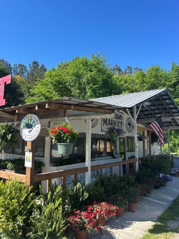 Outdoor farmers market stand with Certified South Carolina sign, potted plants, and American flag under a clear blue sky.