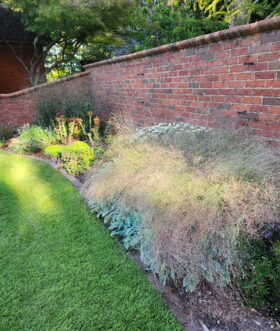 Curved mixed border with airy ornamental grasses, lamb's ear, sedum, asters, and evergreen shrubs, illustrating how repeated plant groupings create texture and rhythm along a brick wall.