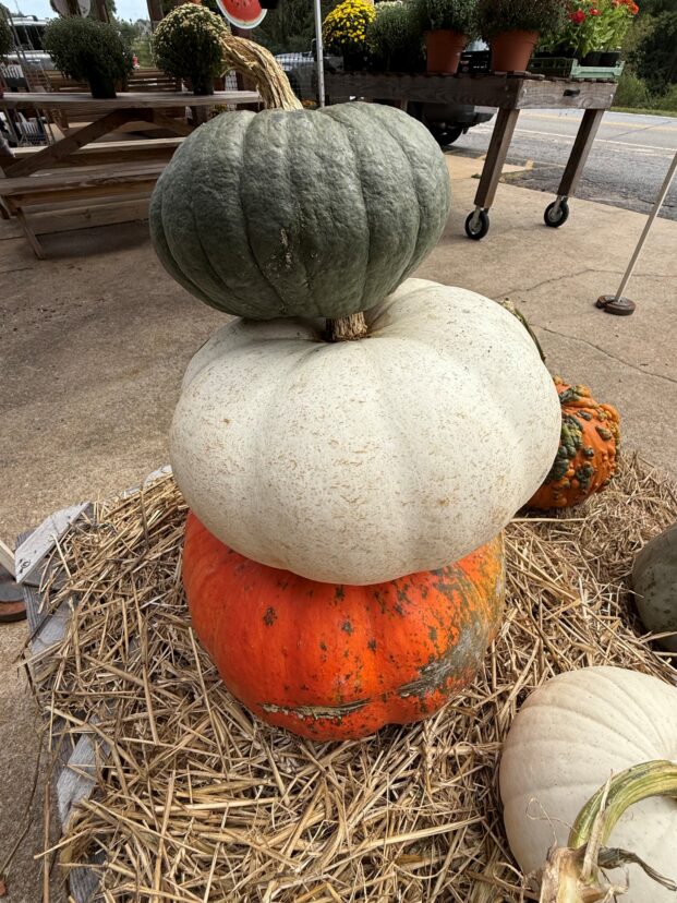 Stack of three pumpkins on a bale of hay.
