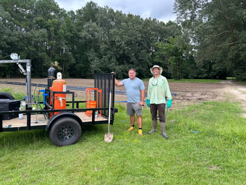 Preparing to apply PicClor-60 fumigant during strawberry field preparation in South Carolina