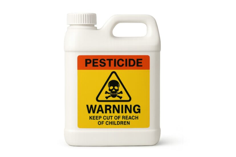 White pesticide container with a yellow warning label that says “Keep Out of Reach of Children.”