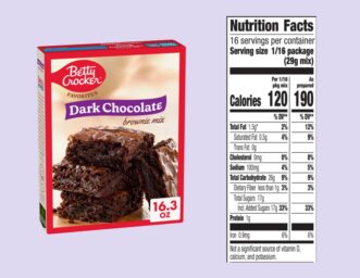 Nutrition Facts graphic for Betty Crocker dark chocolate brownie mix, comparing dry mix and prepared brownies; one prepared serving contains 190 calories and 17 grams of total sugar, including 17 grams of added sugar.