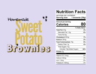 Nutrition Facts graphic for homemade sweet potato brownies, showing one 29-gram brownie with 80 calories, 11 grams of total sugar, and 10 grams of added sugar.