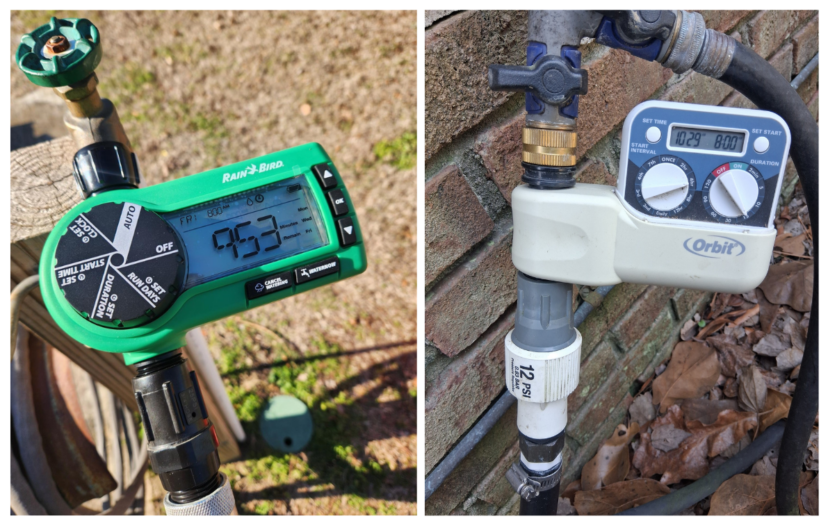 Two irrigation timer installations connected to outdoor water spigots.