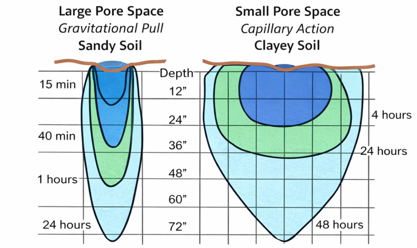 Diagram comparing deep, narrow water movement in sandy soil with broader lateral water movement in clay soil.