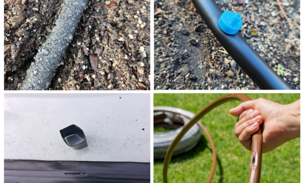 Four examples of drip irrigation equipment: a soaker hose, individual drip emitter, drip emitter tubing, and drip tape.