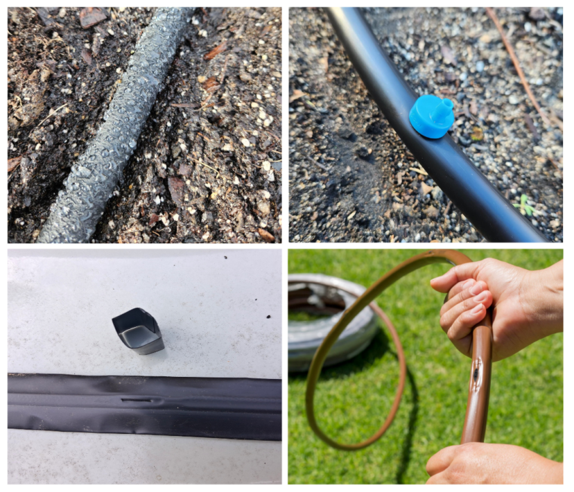 Four examples of drip irrigation equipment: a soaker hose, individual drip emitter, drip emitter tubing, and drip tape.