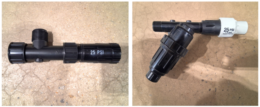 Two irrigation assemblies showing filters and pressure regulators connected together.